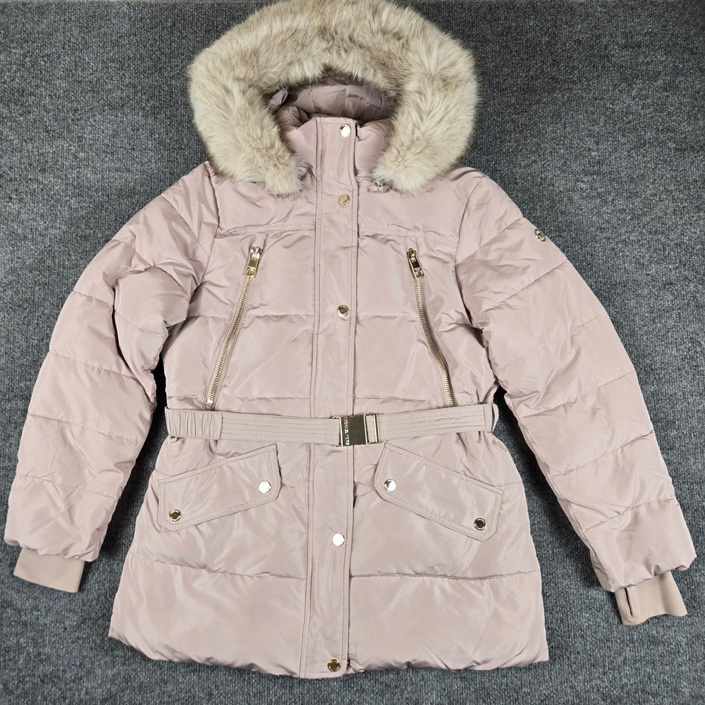 Michael Kors Puffer Jacket Womens Large Pink Belted Faux Fur Hood Winter Coat